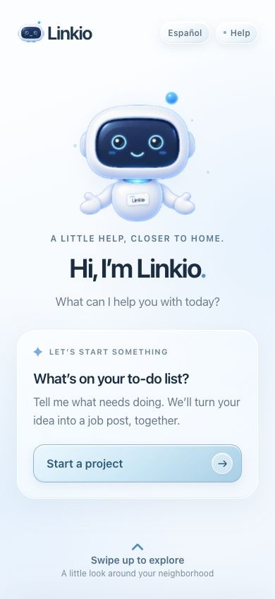 Linkio welcome screen with the friendly mascot and a Start a project button